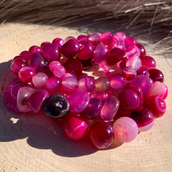 Natural Pink Striped Agate & Genuine Tourmaline Pink Quartz Gemstone Bracelet - Picture 2 of 15